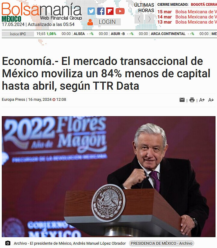 Economa.- El mercado transaccional de Mxico moviliza un 84% menos de capital hasta abril, segn TTR Data